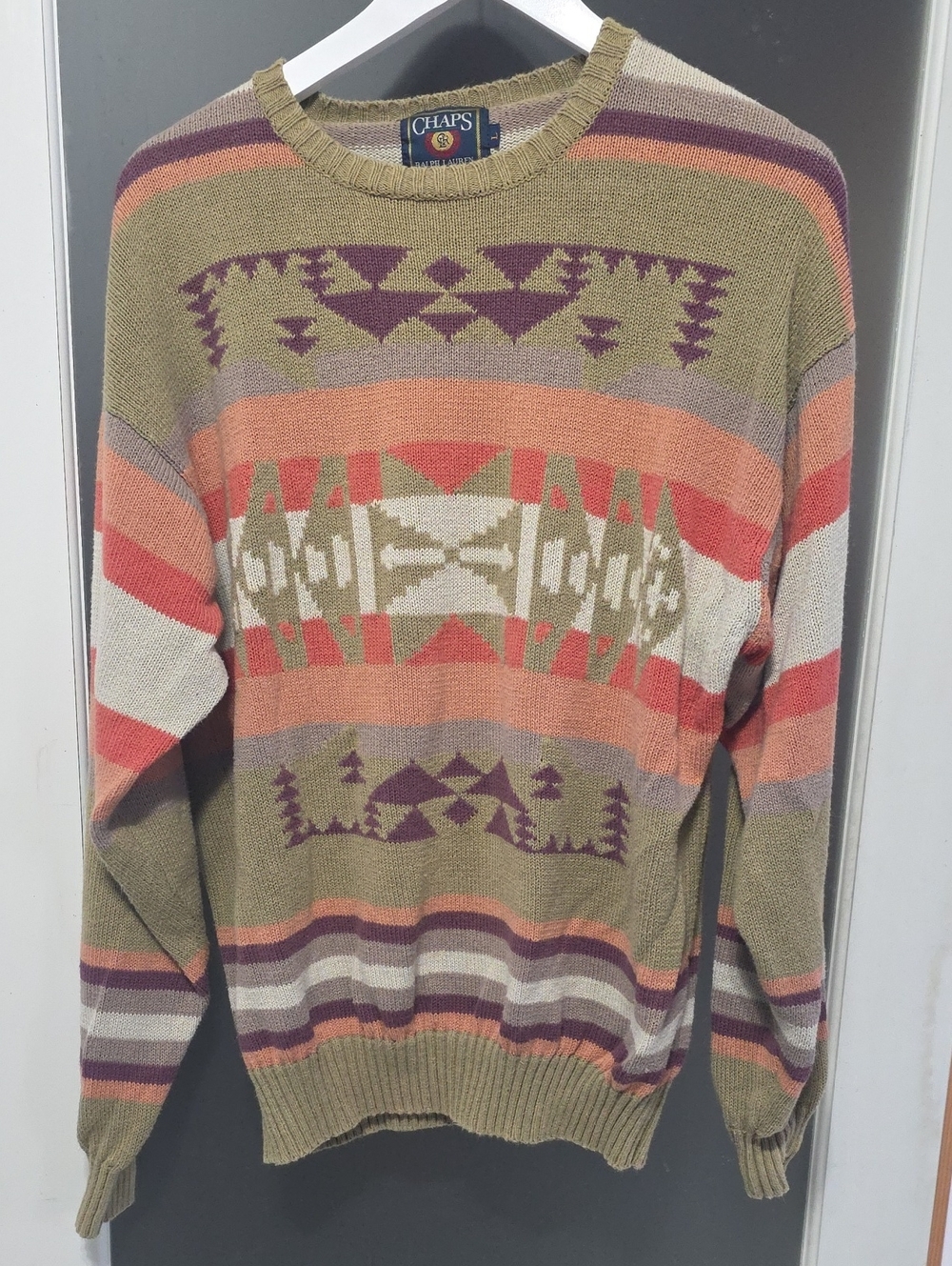 Chaps Men's Olive Crewneck Sweater with Coral, Cream & Purple Pattern